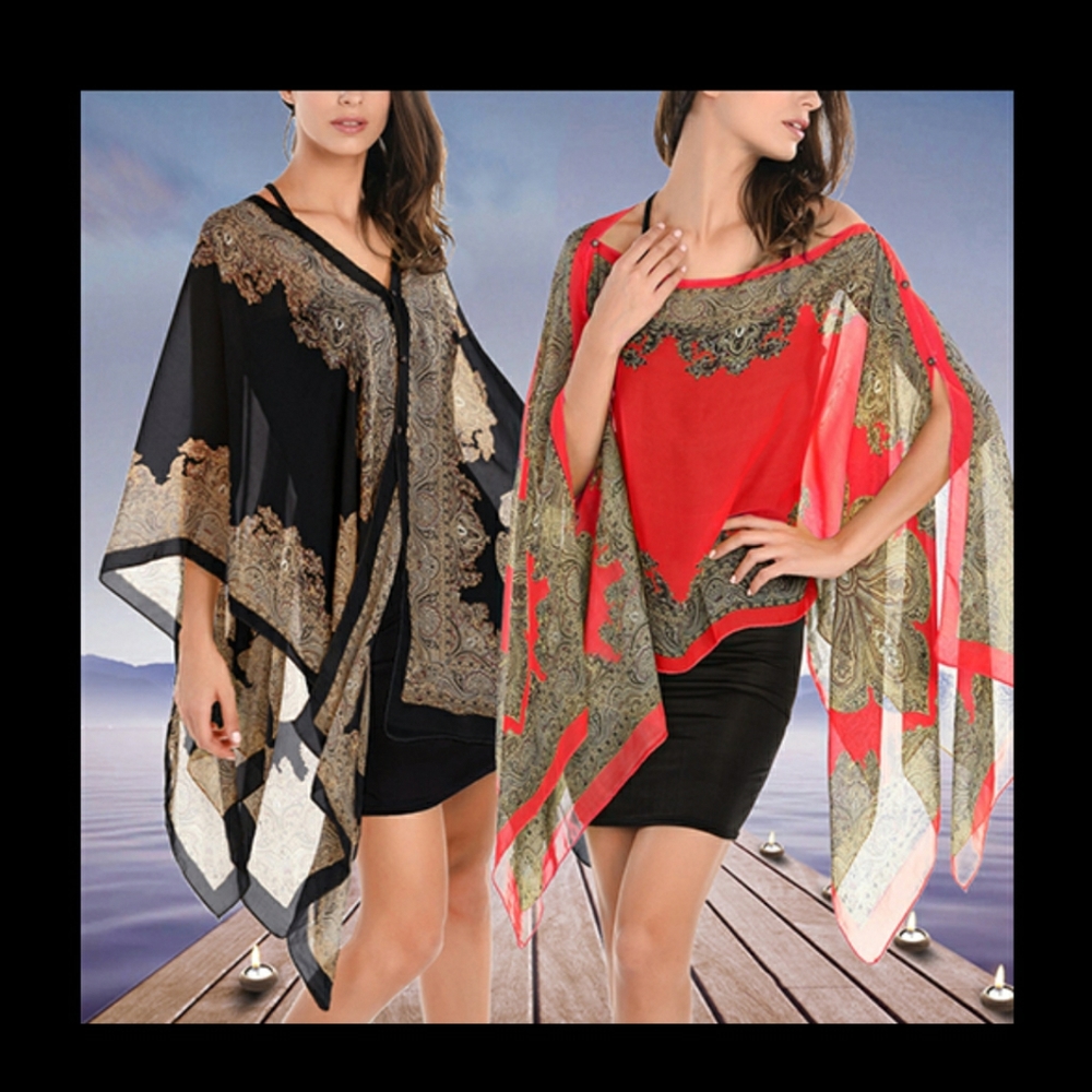 NEW SEMI SHEER PONCHOS RED OR BLACK GLAMOUR ONE SZ